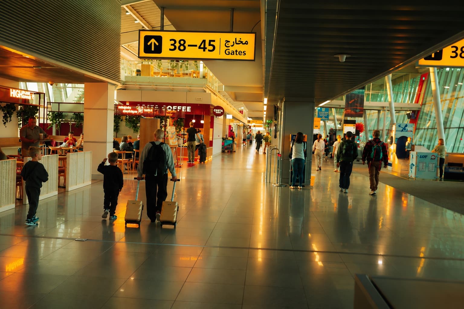 Travellers walking through an airport terminal with luggage